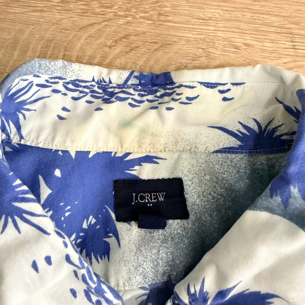 J.Crew Popover Polo Shirt Mens M Blue Tropical Sailboat Palm Tree Short Sleeve